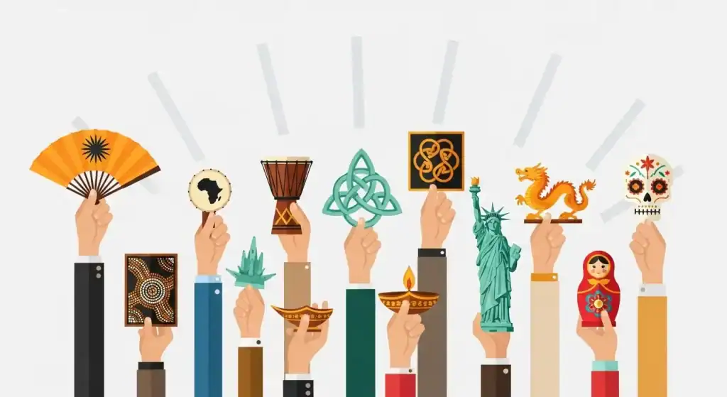 Kulturelle Anpassung für Marken - verschiedene kulturelle Elemente vereint in einer professionellen Illustration